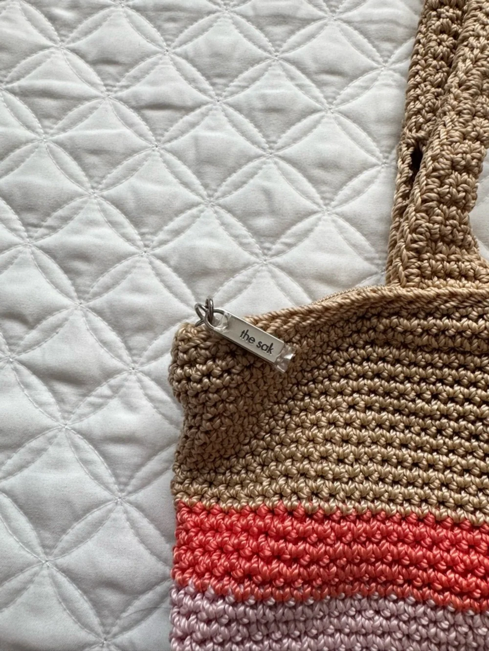 The Sak Crochet Shoulder Tote Bag Purse Zip Top Tan Coral Blue Pink Stripes